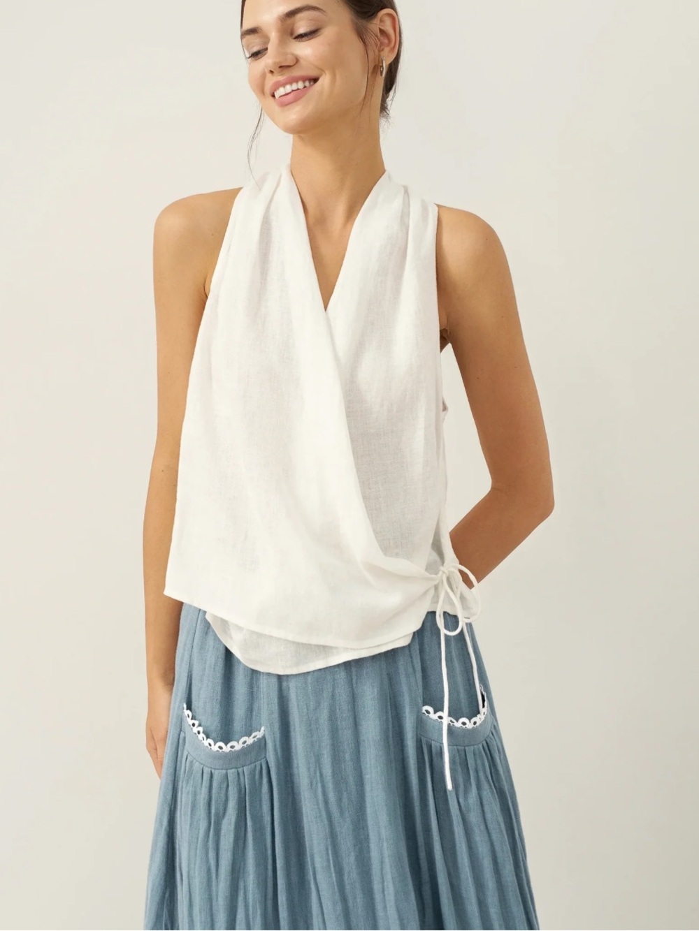 Lintico 100% Linen Halter Neck Tie-Front Crop Top Faye